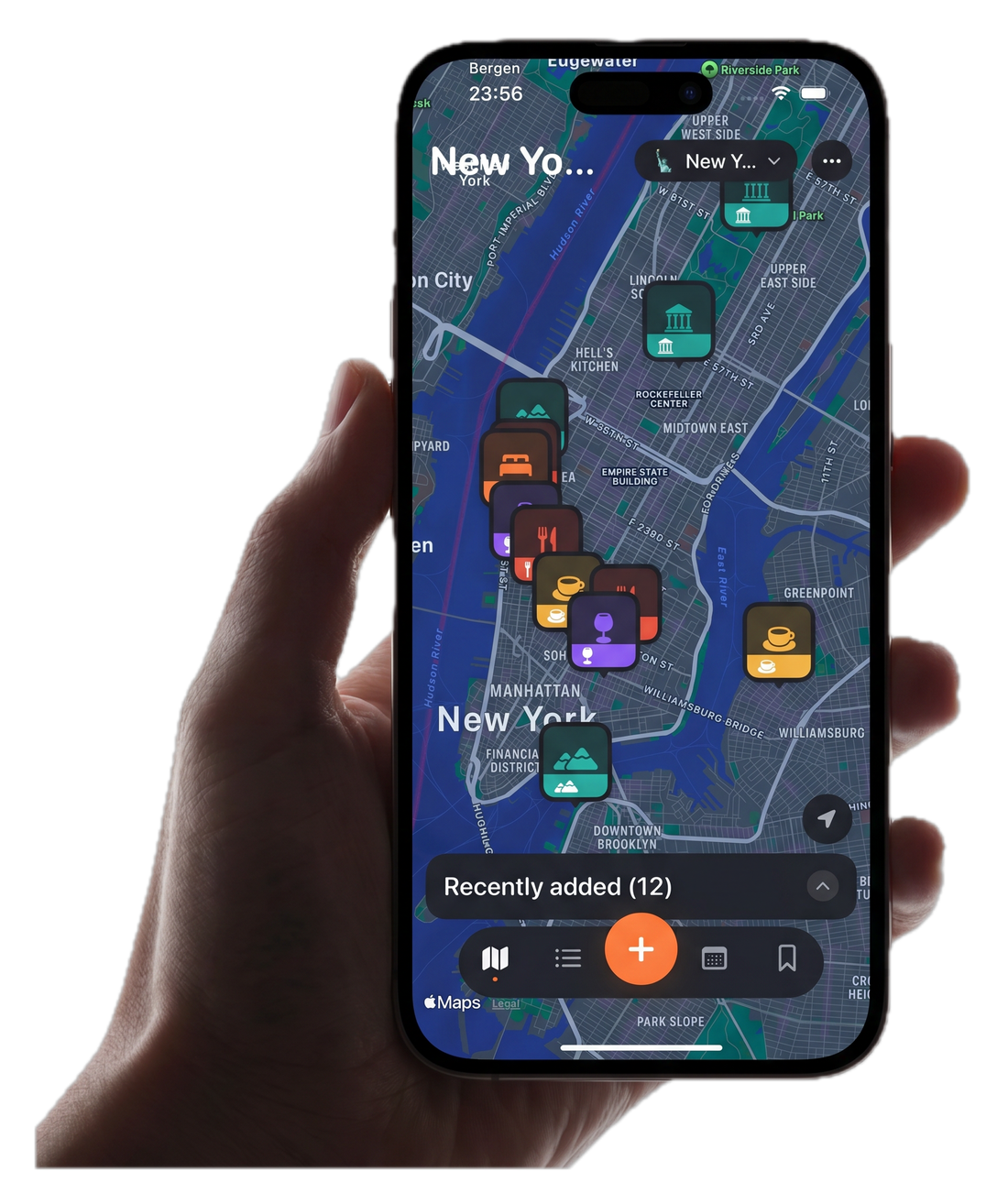 TripBoard open on an iPhone, showing a New York trip map with restaurants, cafés, and scenic spots pinned by category